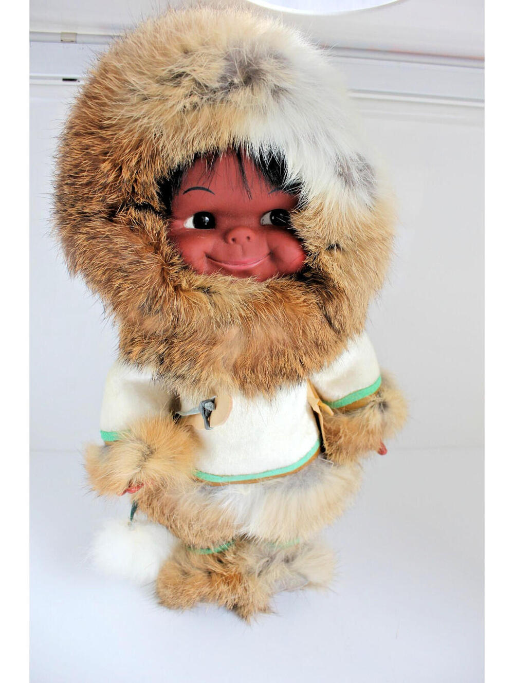 VINTAGE 1960s Carlson Girl Eskimo Doll Rabbit Fur Leather 12" Tall